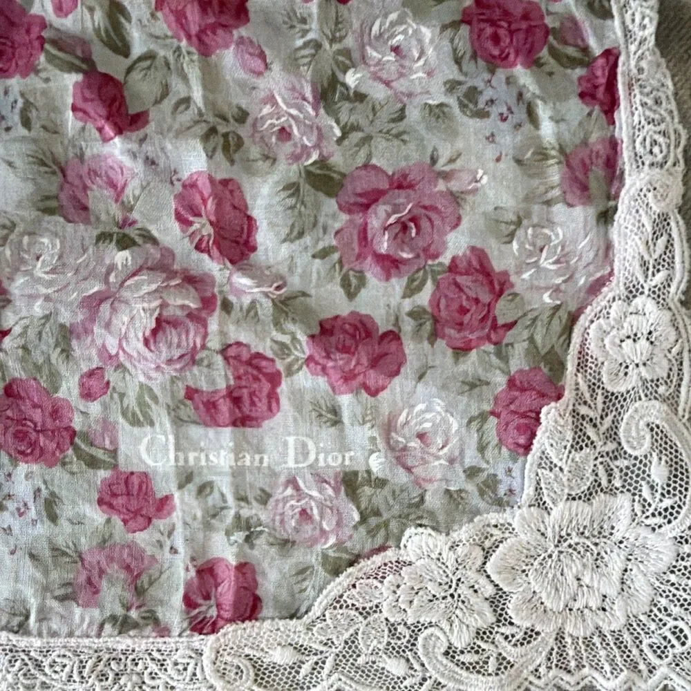 Vintage Christian Dior Floral Lace Handkerchief Pocket Square Pink Rose Cotton